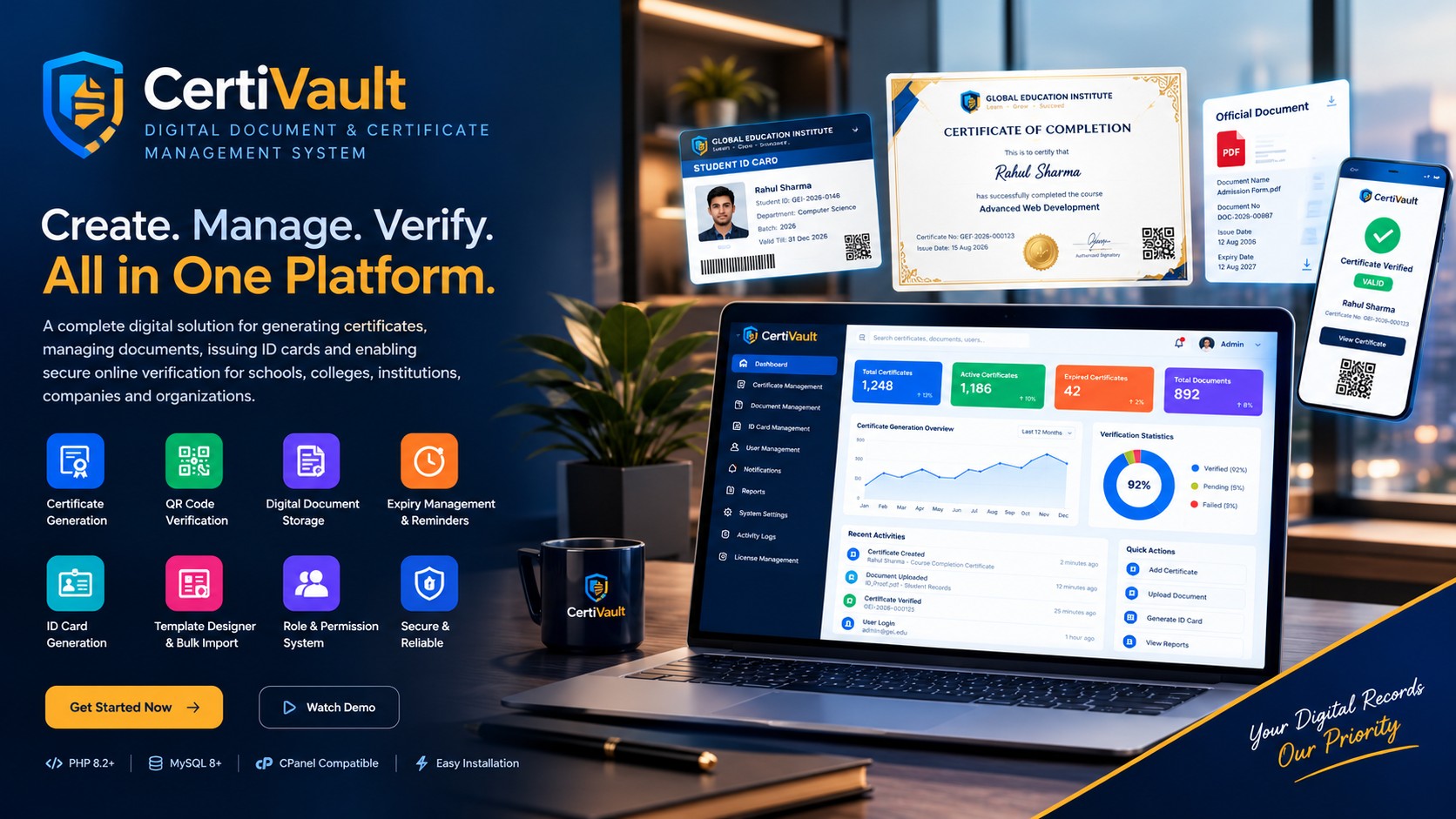 CertiVault dashboard and certificate preview